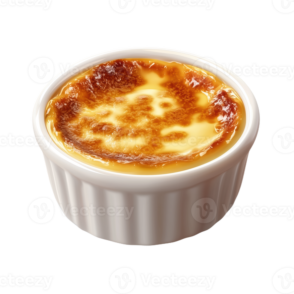 Delicious Spanish crema served in a small white dish with a caramelized top png