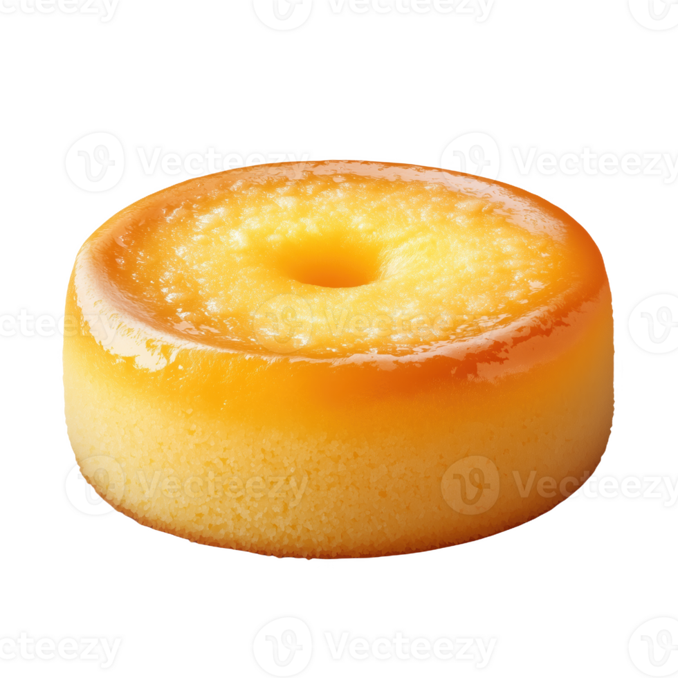A round Burmese semolina cake is displayed with a shiny caramel glaze png