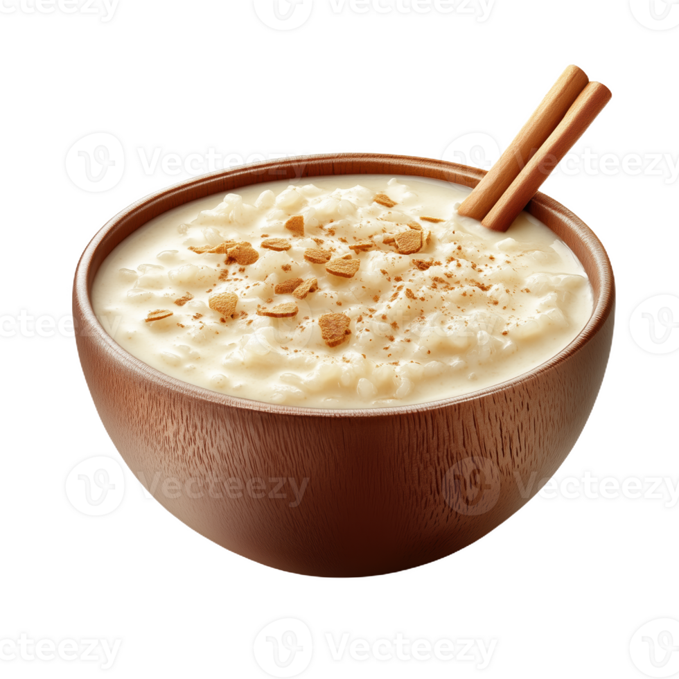 Peruvian arroz con leche served in a rustic wooden bowl with cinnamon garnish png