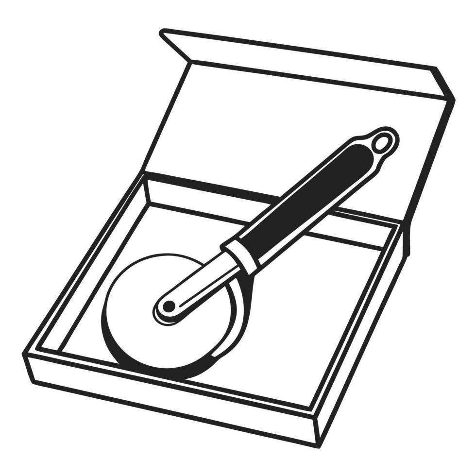 Pizza cutter in open box kitchen tool, essential for efficient slicing and food preparation vector