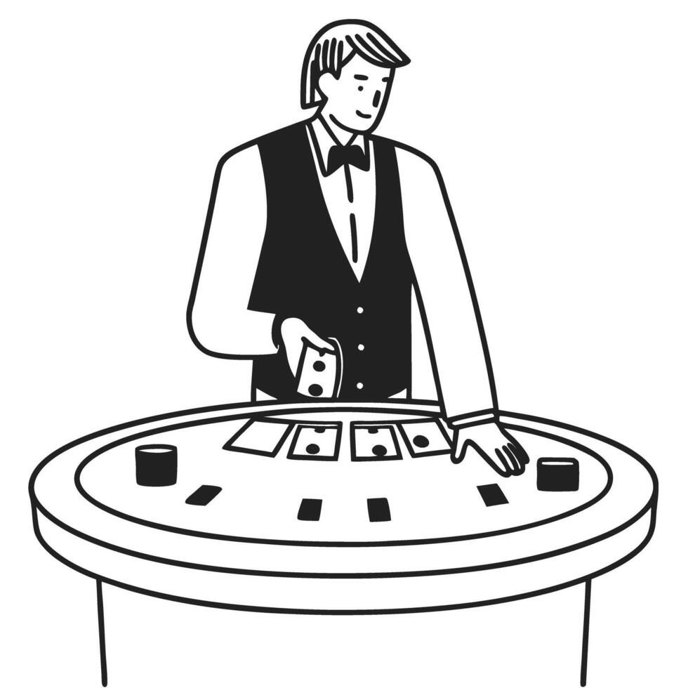 casino dealer at card table gambling game scene with cards and chips man in formal attire handling cards vector