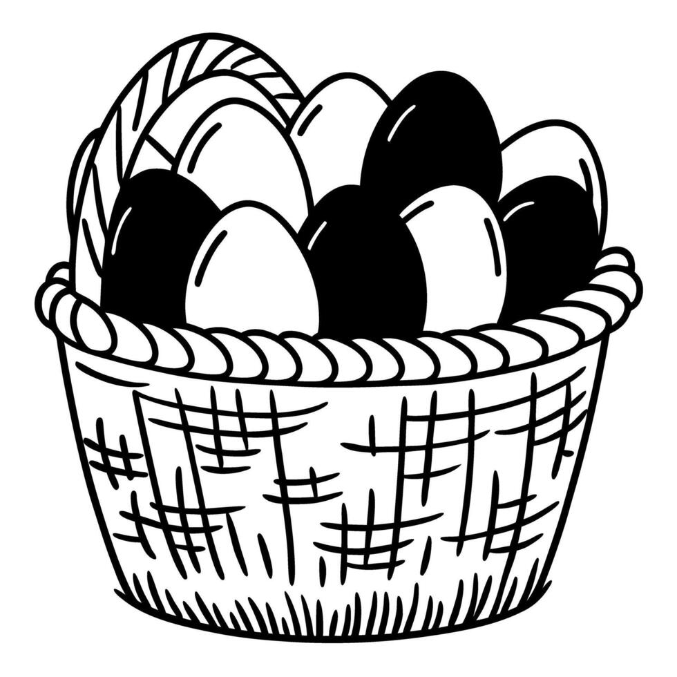 illustration of a wicker basket with various eggs black and white line art, easter celebration theme vector
