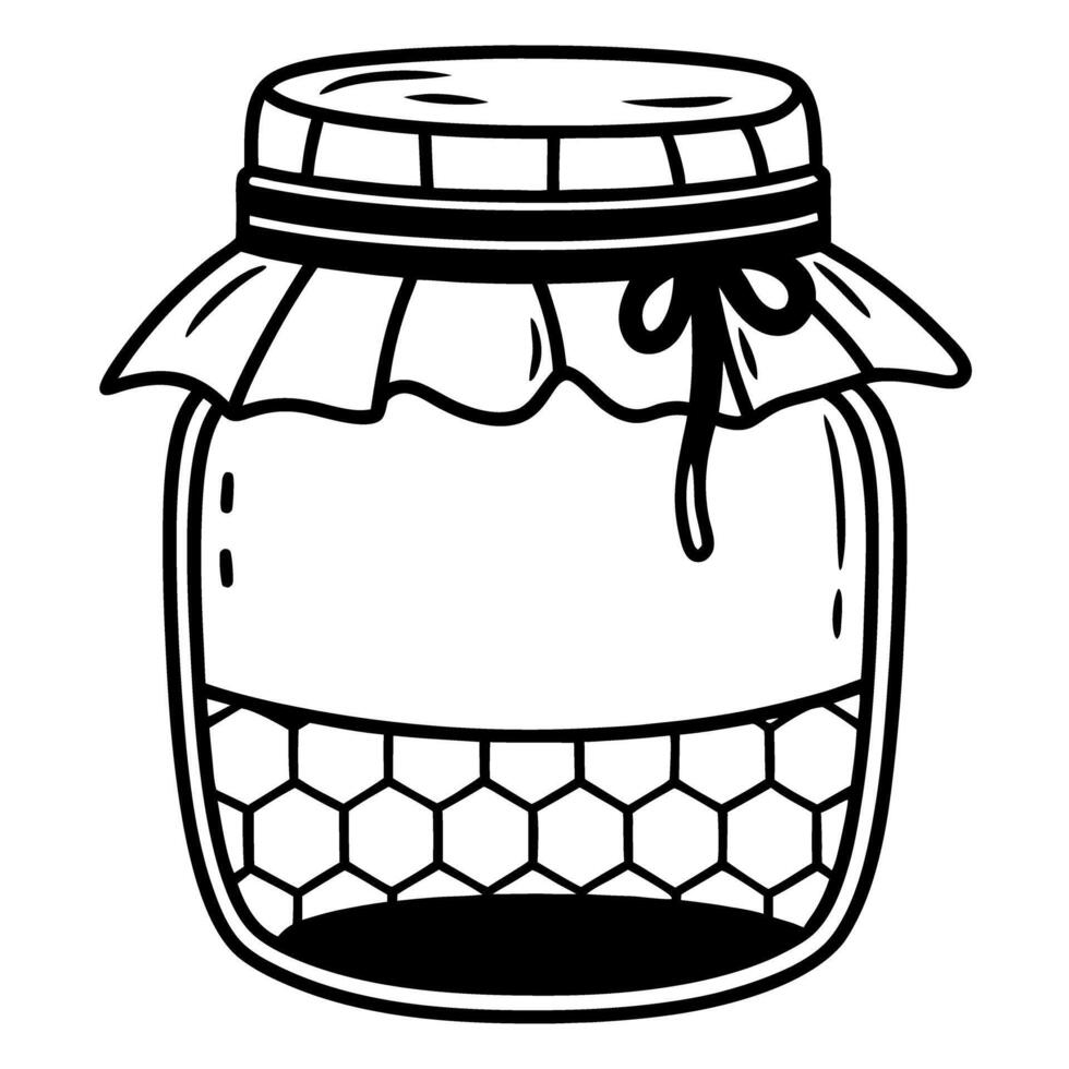 black and white honey jar illustration with fabric lid, hexagonal pattern details vector