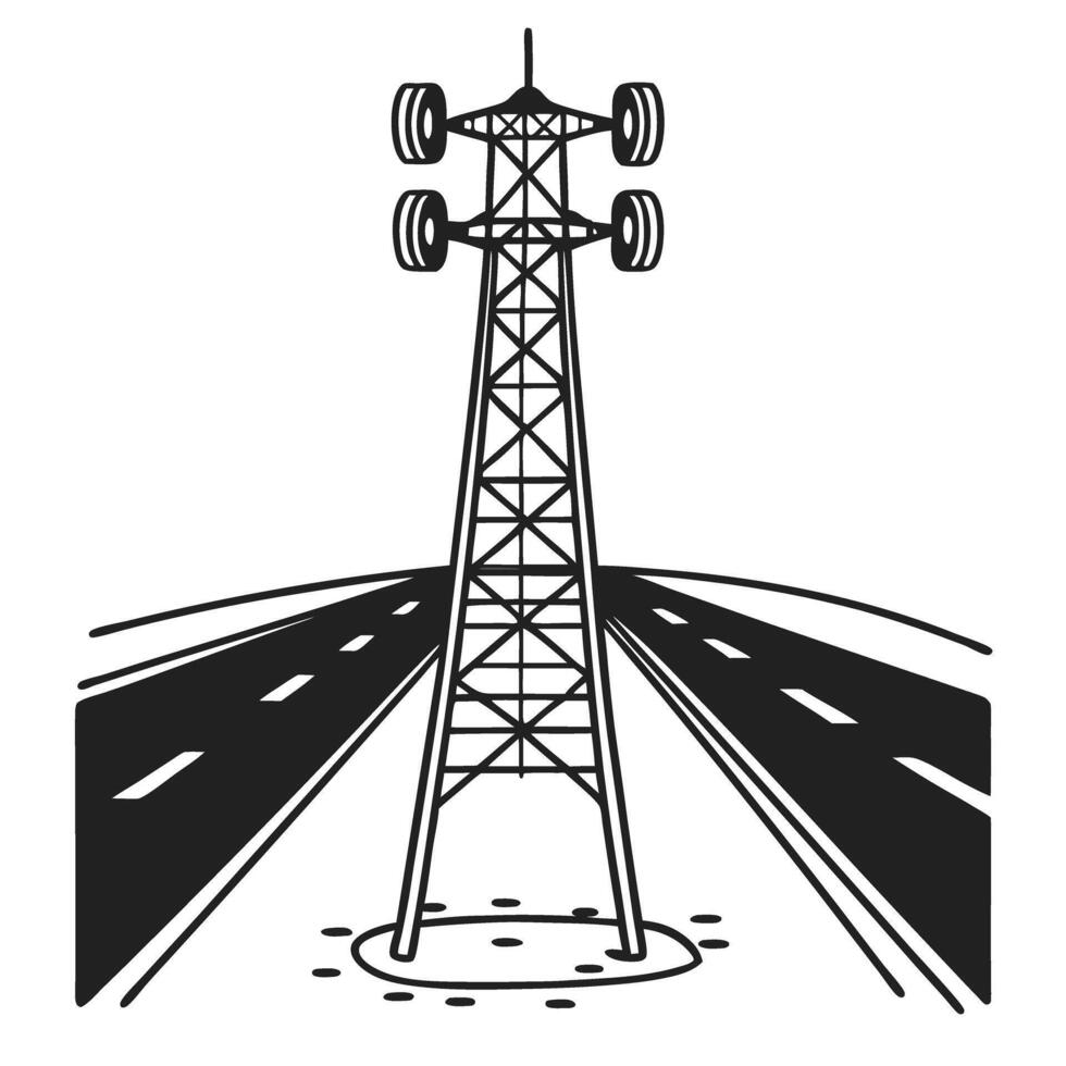 communication tower, roadside network infrastructure cellular technology, telecommunication pathways vector