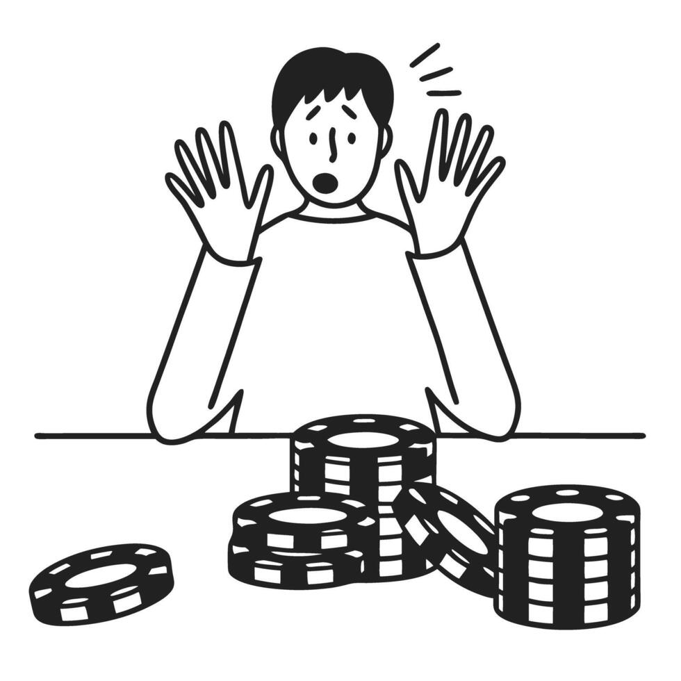 Surprised person with poker chips on table, expressing excitement in casino game vector
