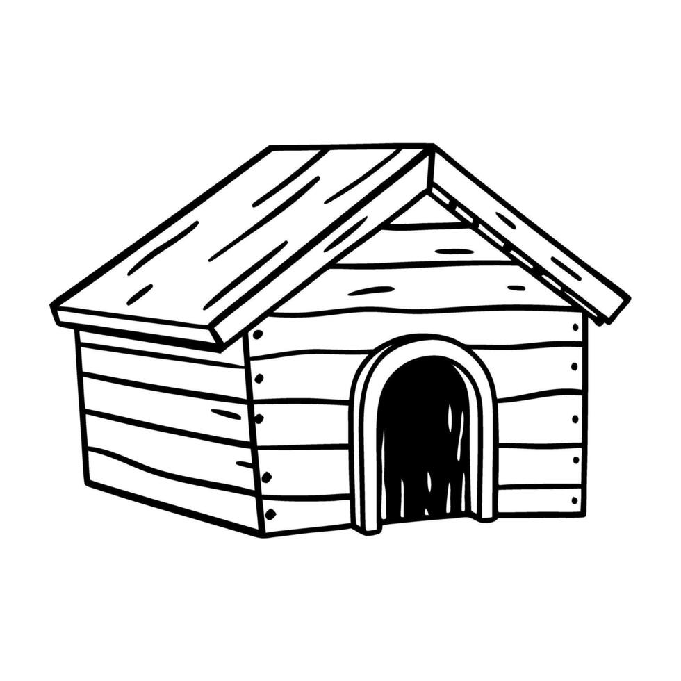 Doghouse outline sketch, simple wood design minimalist pet home illustration, black and white vector