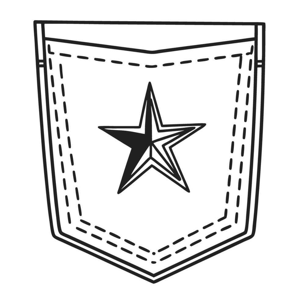 Denim pocket outline with star emblem design, simple contour illustration vector