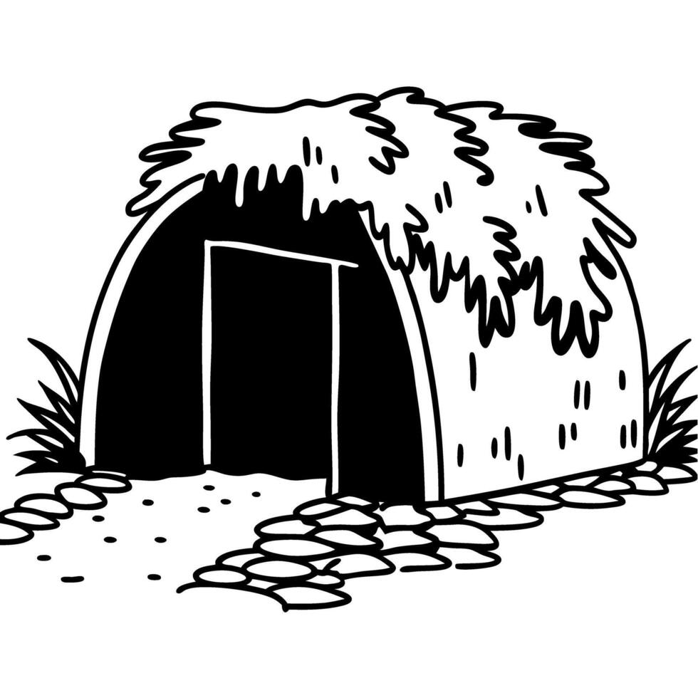 prehistoric shelter illustration primitive hut drawing with thatched roof and stone path ancient architecture depiction vector