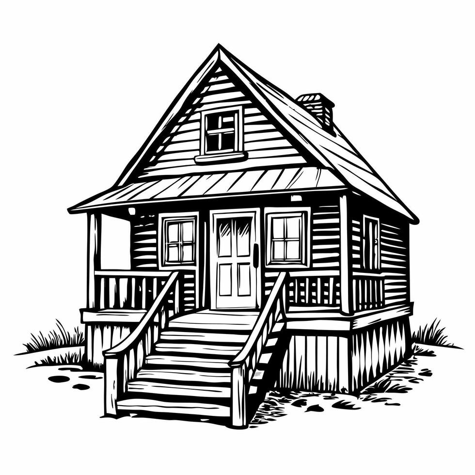 Rustic Wooden Cabin Illustration with Porch and Stairs in Black and White vector