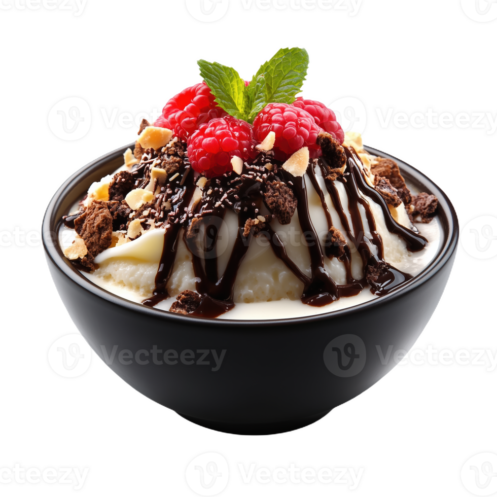 Delicious isolated Korean bingsu topped with fresh raspberries and chocolate syrup png