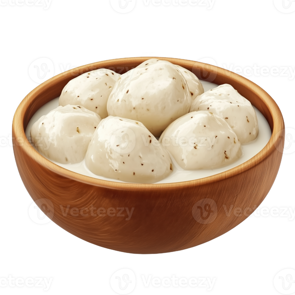 Delicious isolated Indian ras malai on a smooth creamy base served in a wooden bowl png