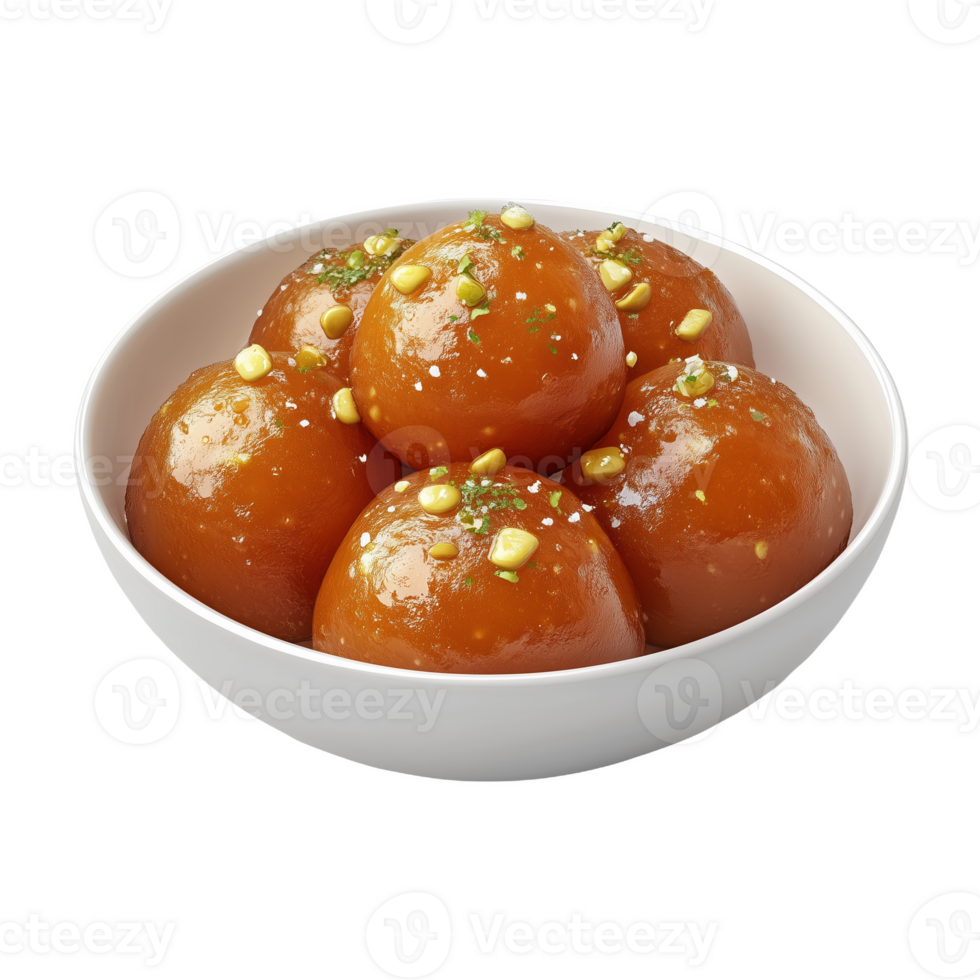 Isolated bowl of Pakistani gulab jamun dessert served with nuts png