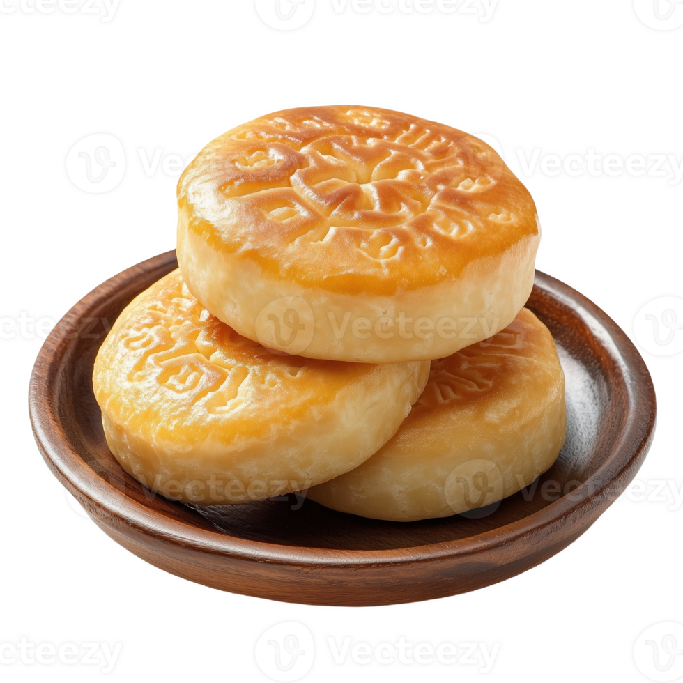 Isolated Tibetan barley cake with intricate design on wooden plate png