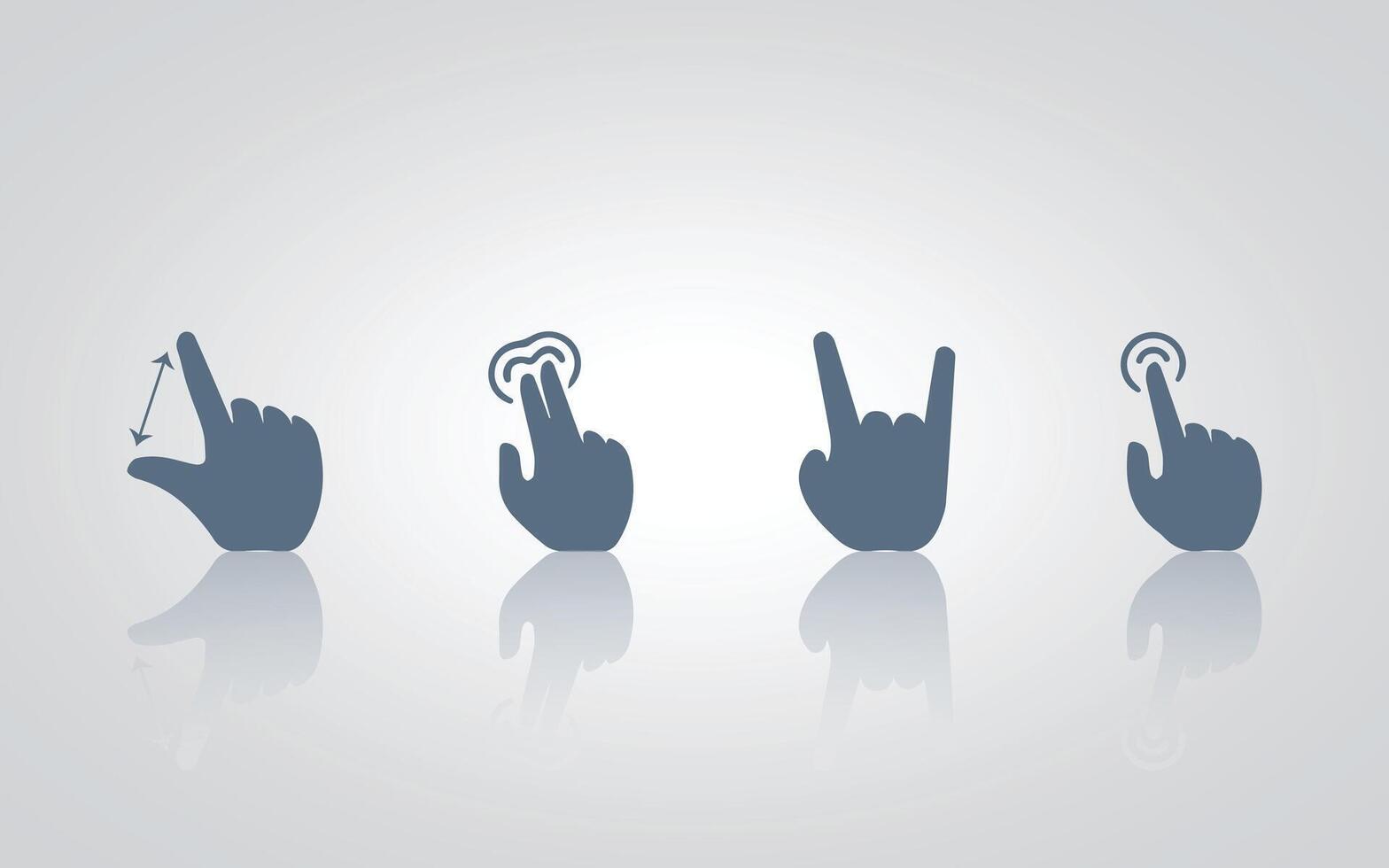 Hand gesture icons. click, two finger up, thumbs up and thumbs down with grey color, with a silver background vector
