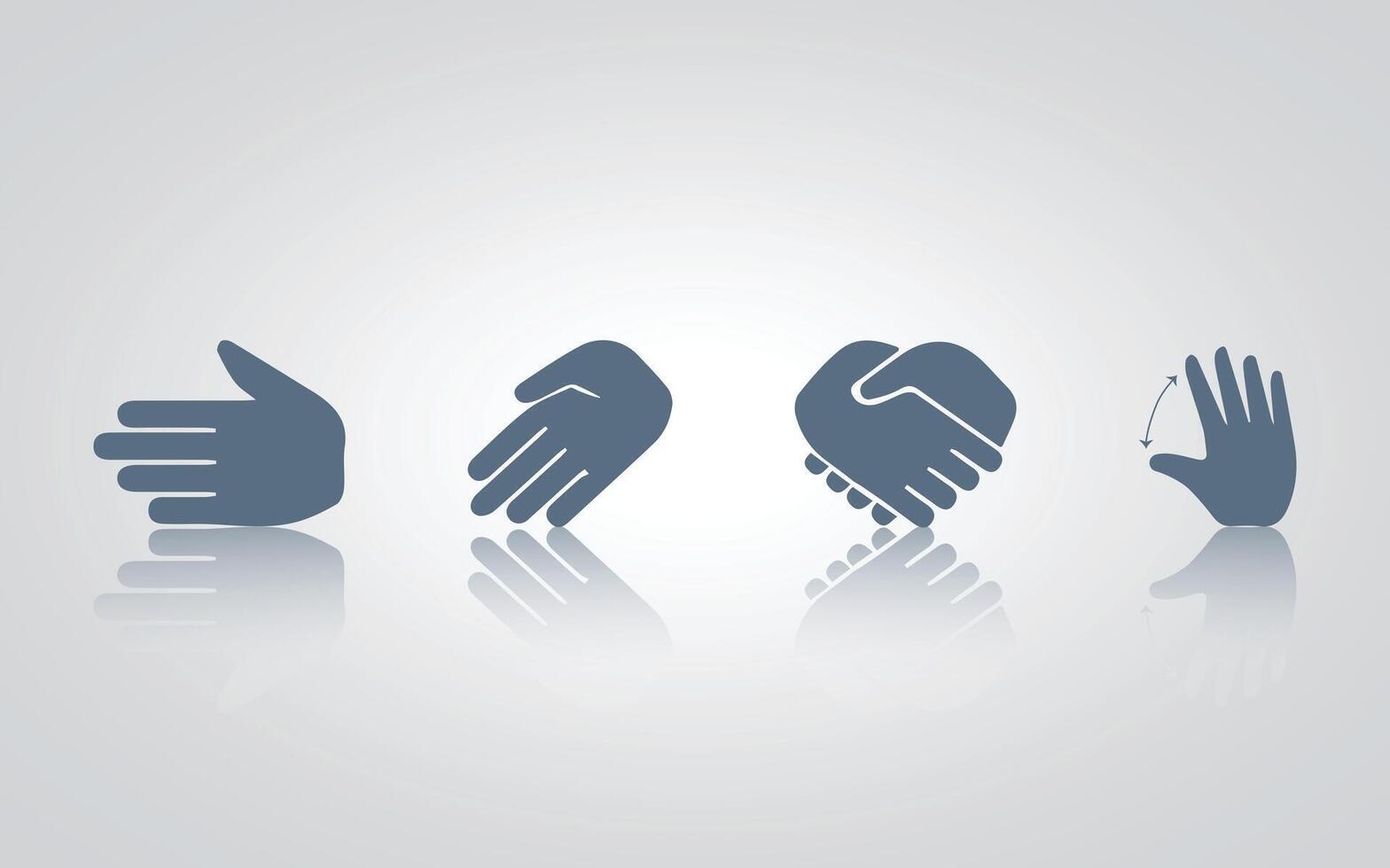 Hand gesture icons. hands, hand shaking, sizes, with grey color, with a silver background vector