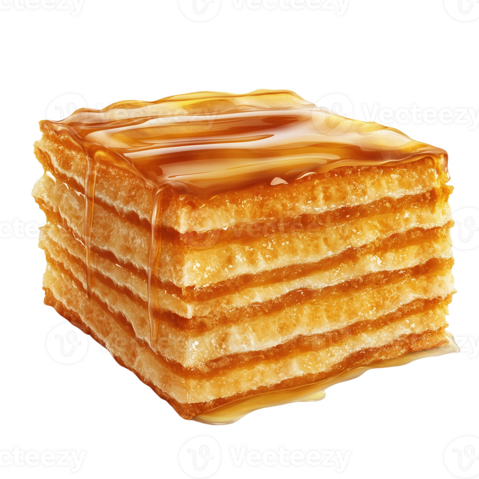 Delicious isolated Latvian honey cake with caramel drizzle on top png