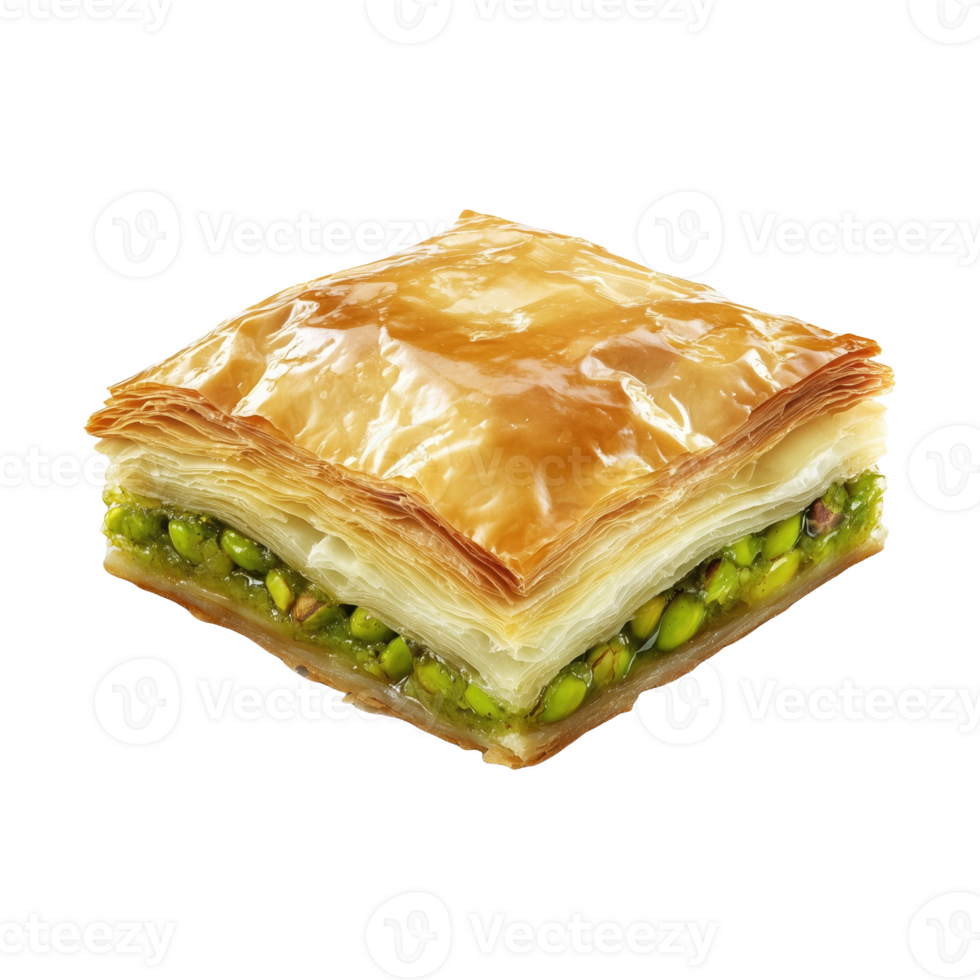 Crispy baklava dessert layered with isolated Iranian pistachios in pastry png