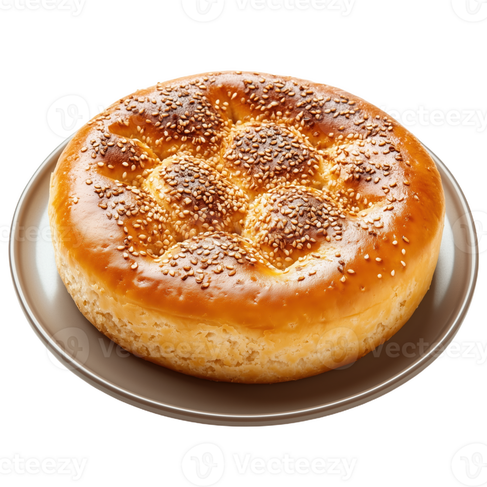 Freshly baked Palestinian semolina bread with sesame seeds on a round plate png