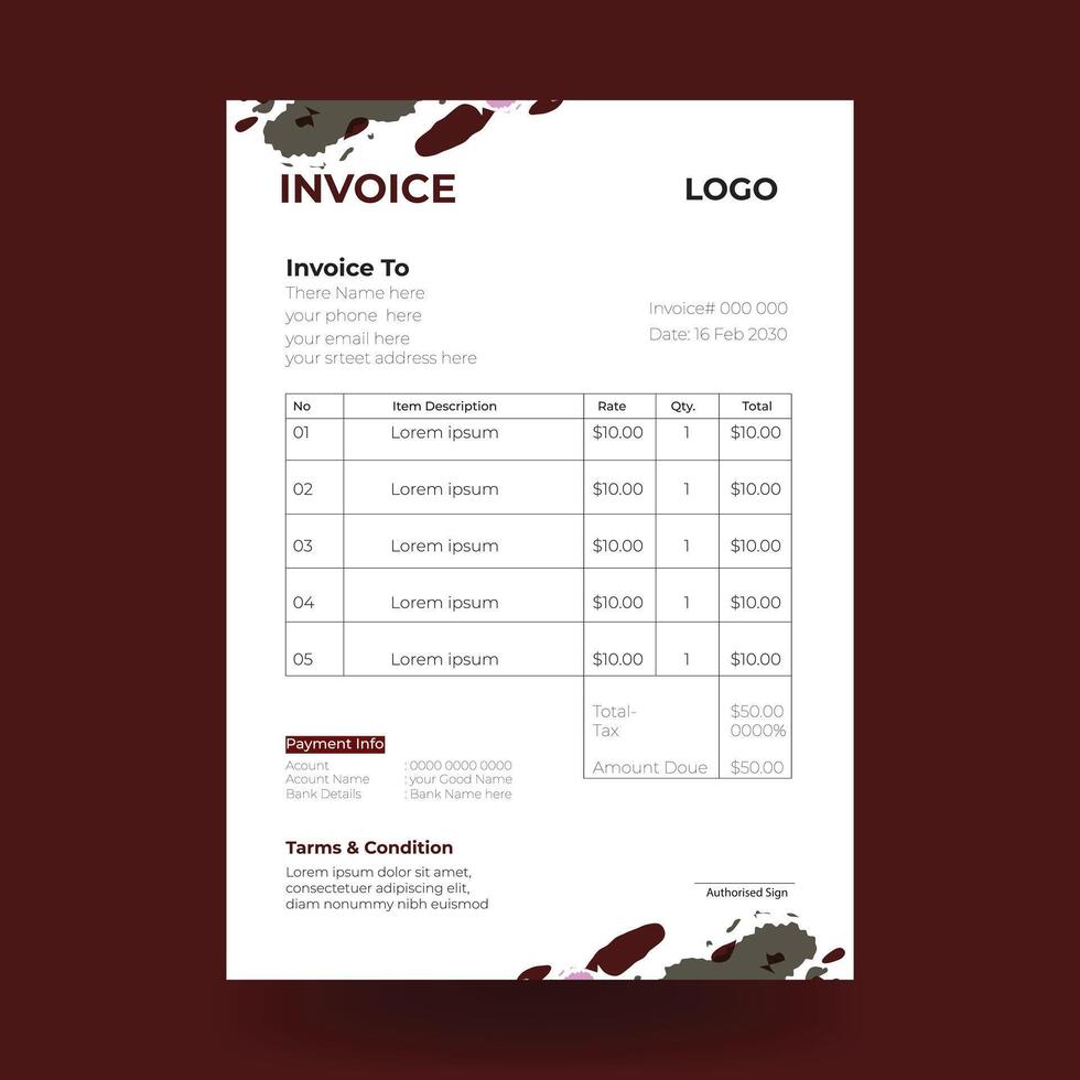 Minimal Business Invoice Design Template. Print ready invoice template vector