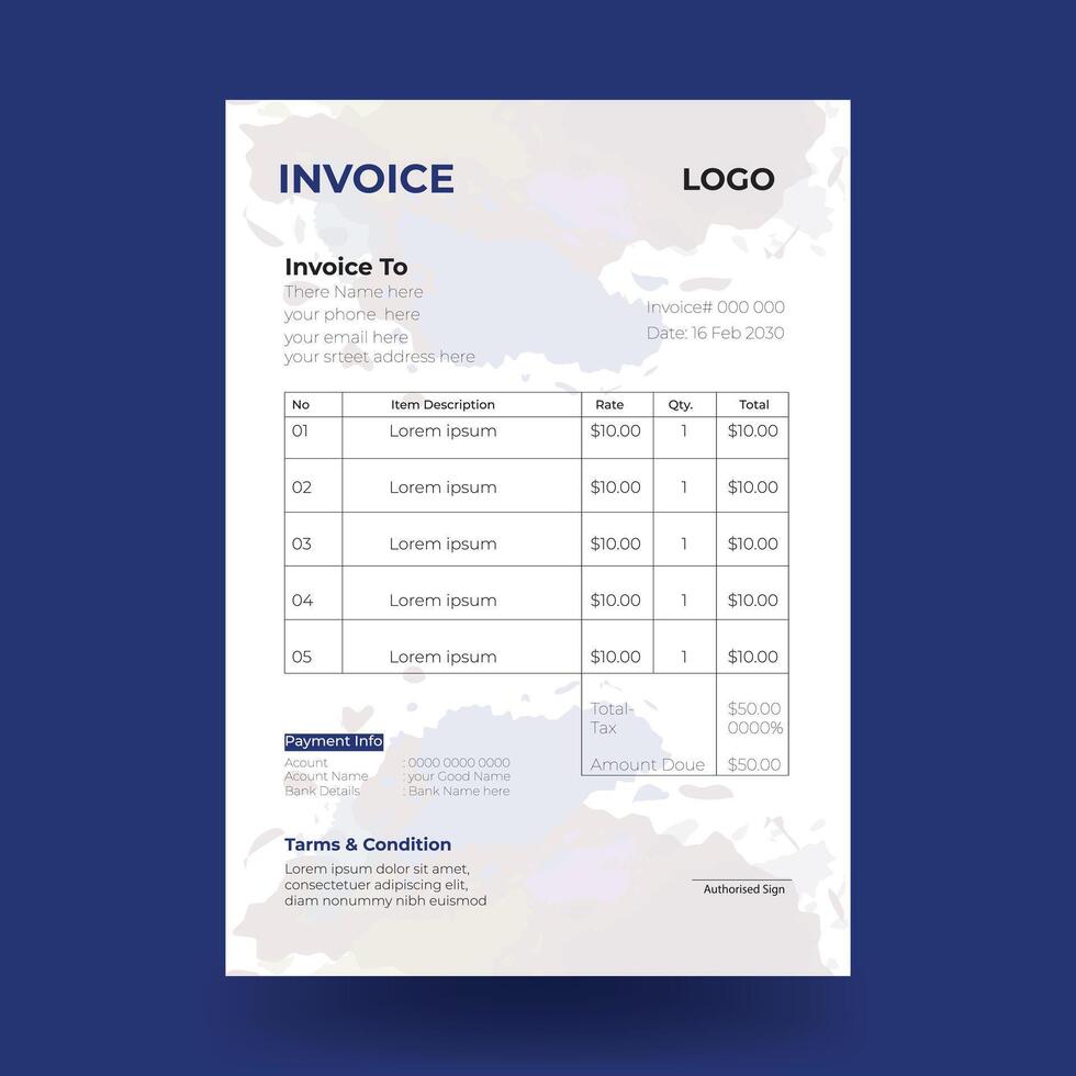 Minimal Corporate Invoice Design Template. Print ready invoice template for your business vector