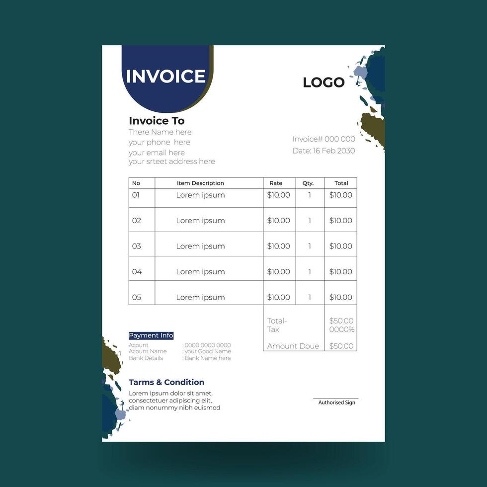 Minimal Corporate Business Invoice Design Template. Print ready invoice template for business vector