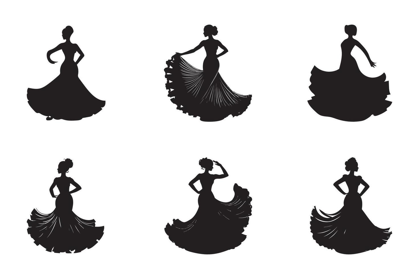 Silhouettes of Spanish Flamenco Dancing Women in Elegant Dresses vector