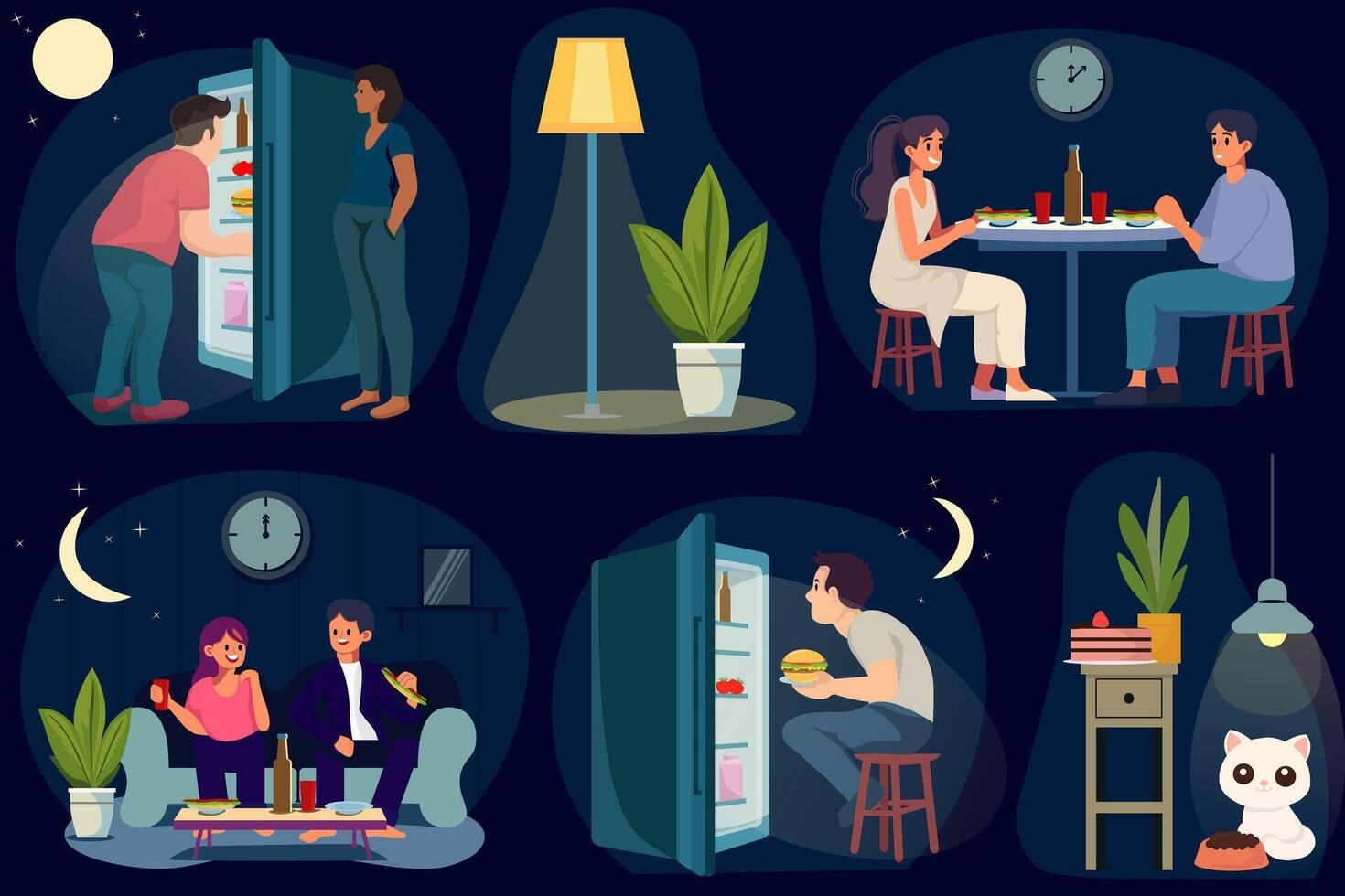 Set of night eating illustrations in EPS format. People enjoying late-night snacks in various scenarios. Ideal for food-related designs, lifestyle blogs, or social media. vector