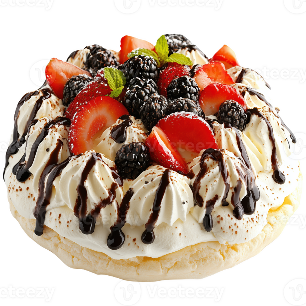Delicious New Zealand pavlova topped with fresh berries and whipped cream png