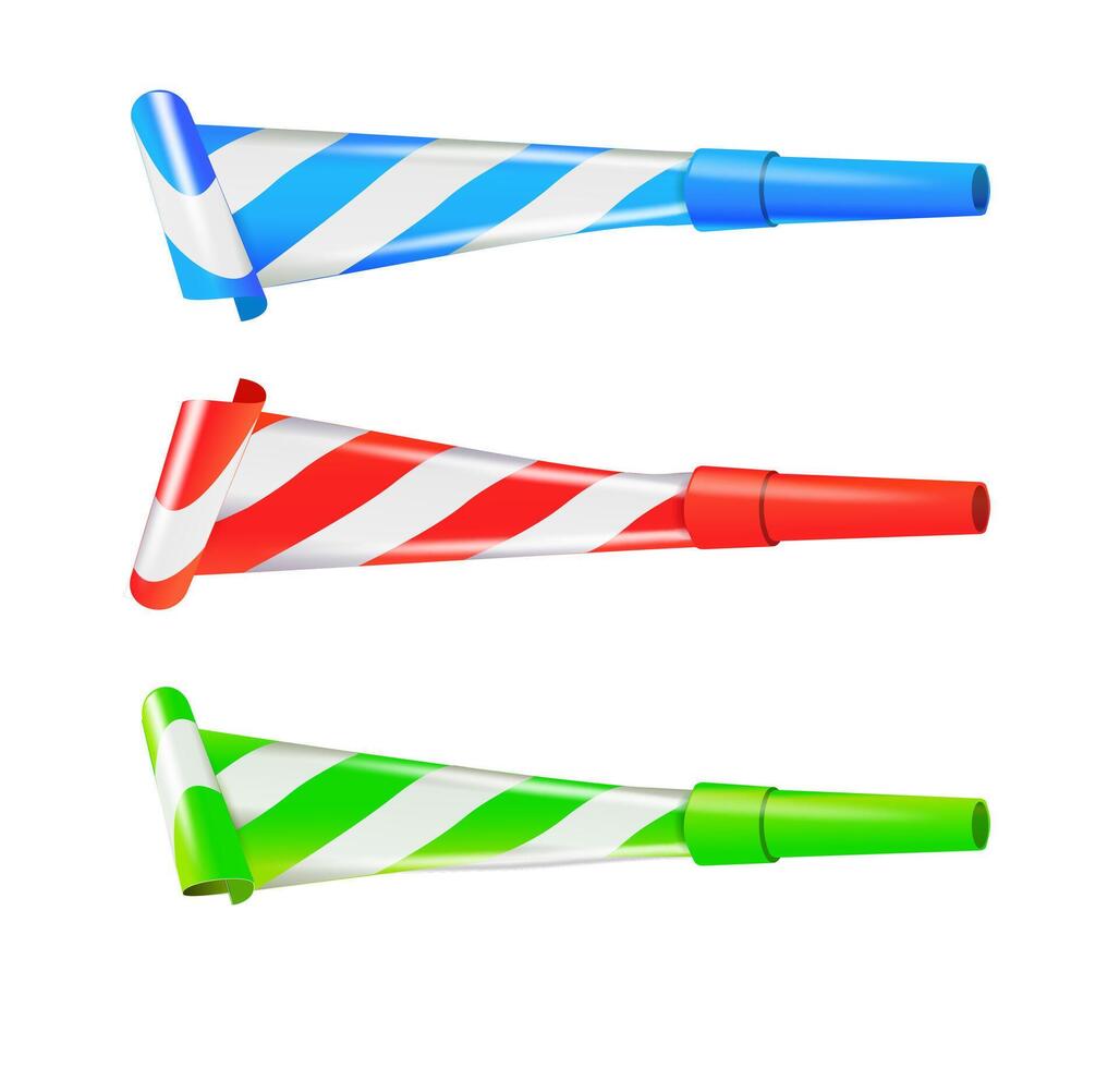 Color Party Blower Whistles Set of Celebration Happy Party. Realistic Detailed 3d. vector