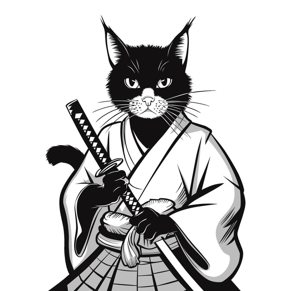 Warrior cat illustration in samurai clothing with a katana and intense expression vector