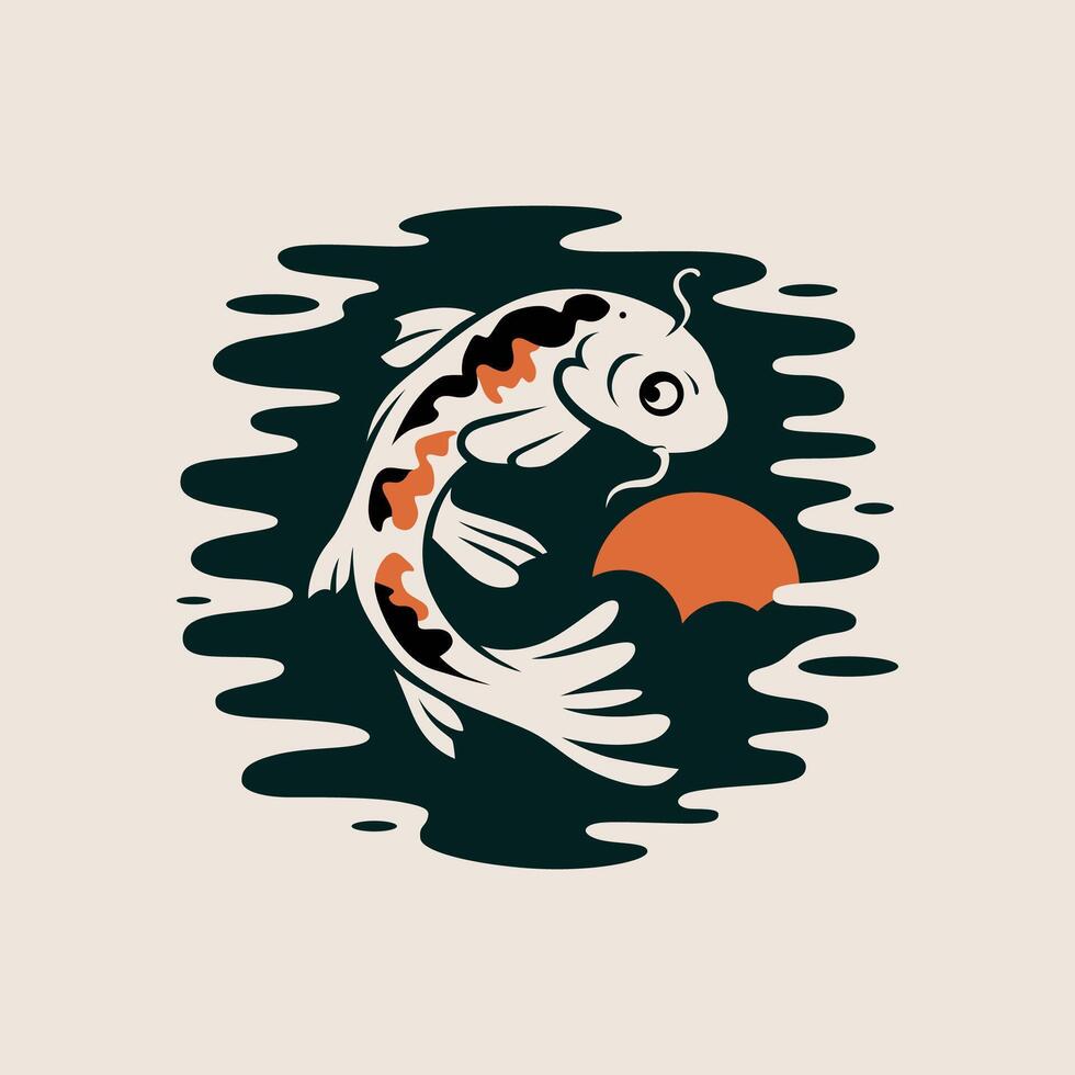 Koi fish with bold patterns swimming in a dark pond under a glowing orange sun vector