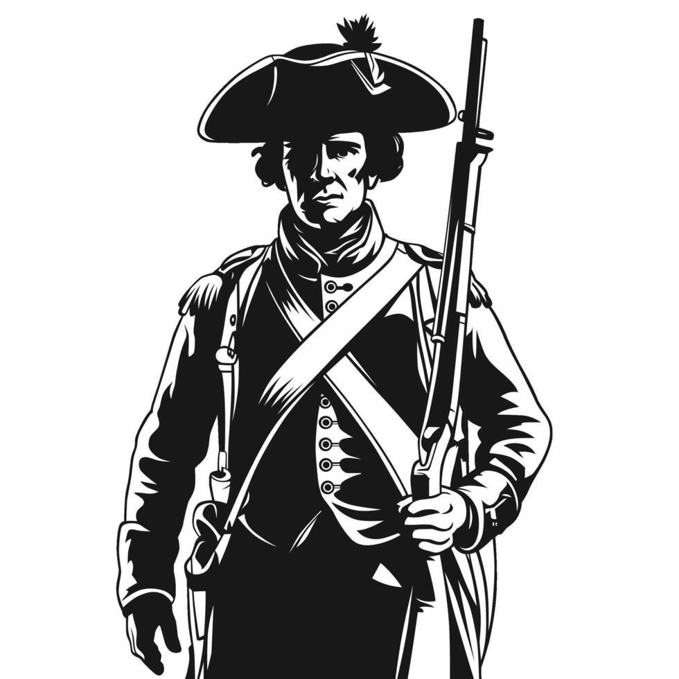 Colonial-era soldier in traditional uniform with musket, drawn in monochrome vector