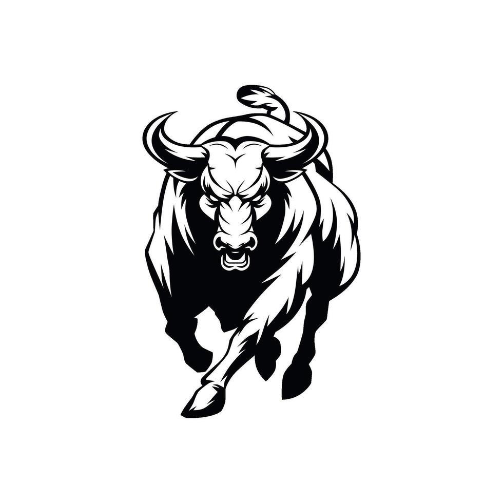 Monochrome artwork of a bull in mid-charge, showcasing power and energy vector
