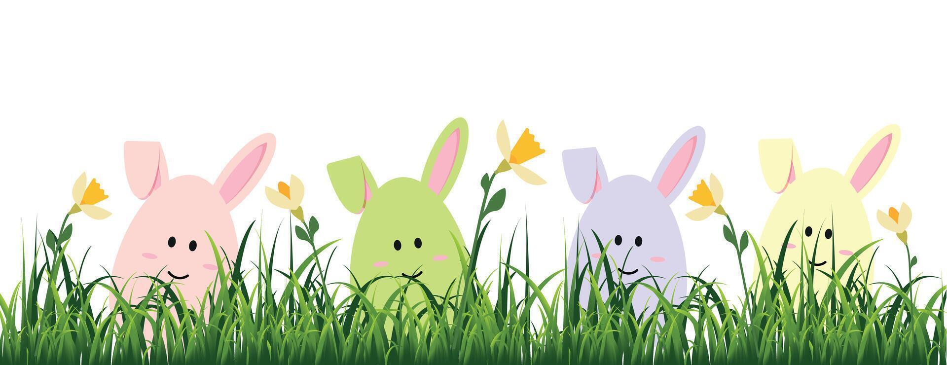 Green grass with spring flowers and eggs with bunny ears. Happy Easter. illustration. vector