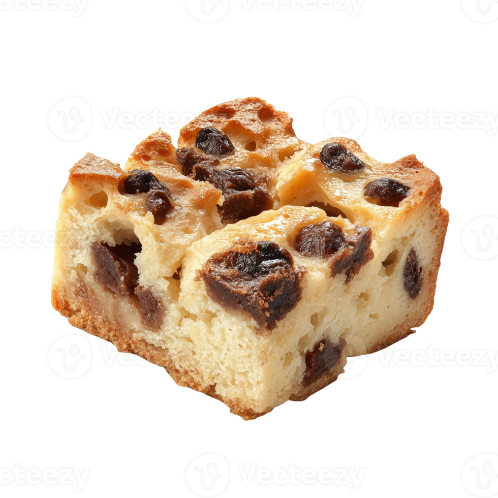 Isolated slice of traditional Irish soda bread pudding with raisins and texture png