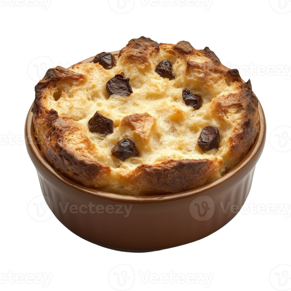 Isolated Irish soda bread pudding with chocolate pieces in a ceramic dish png