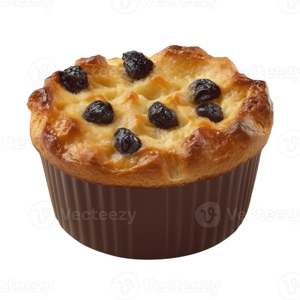 Delicious isolated Irish soda bread pudding with raisins and golden crust png