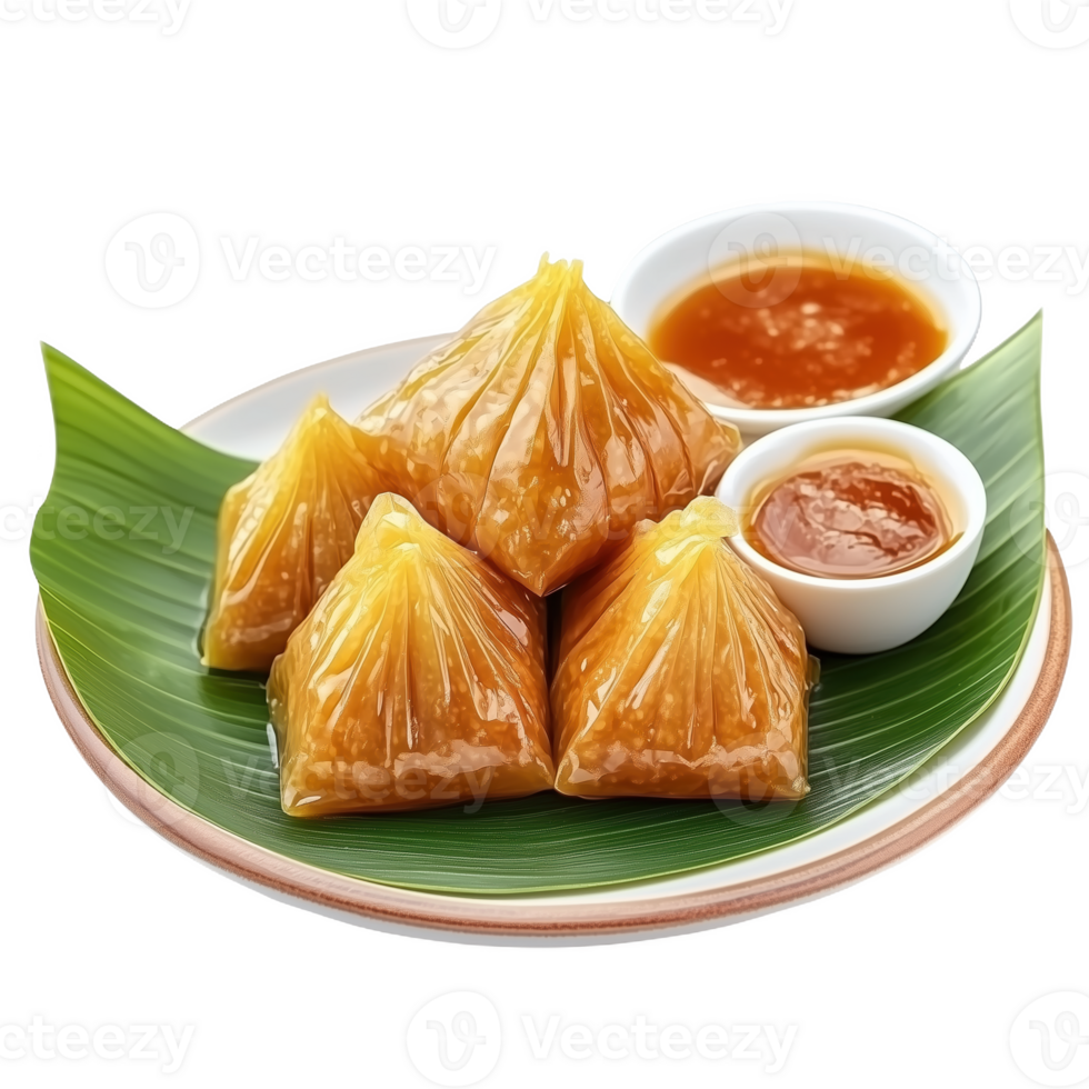 Delightful khao tom dessert served with a sweet dipping sauce on a banana leaf png
