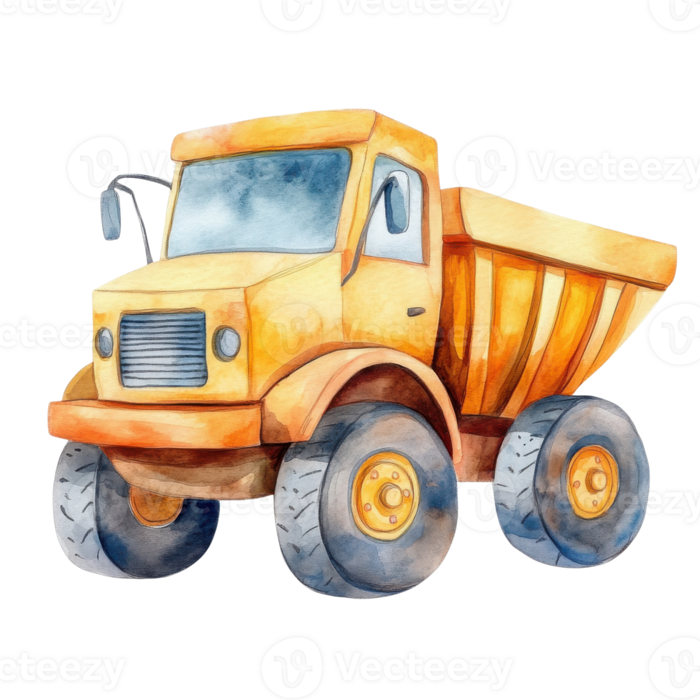 A yellow cartoon dump truck on transparent background. png