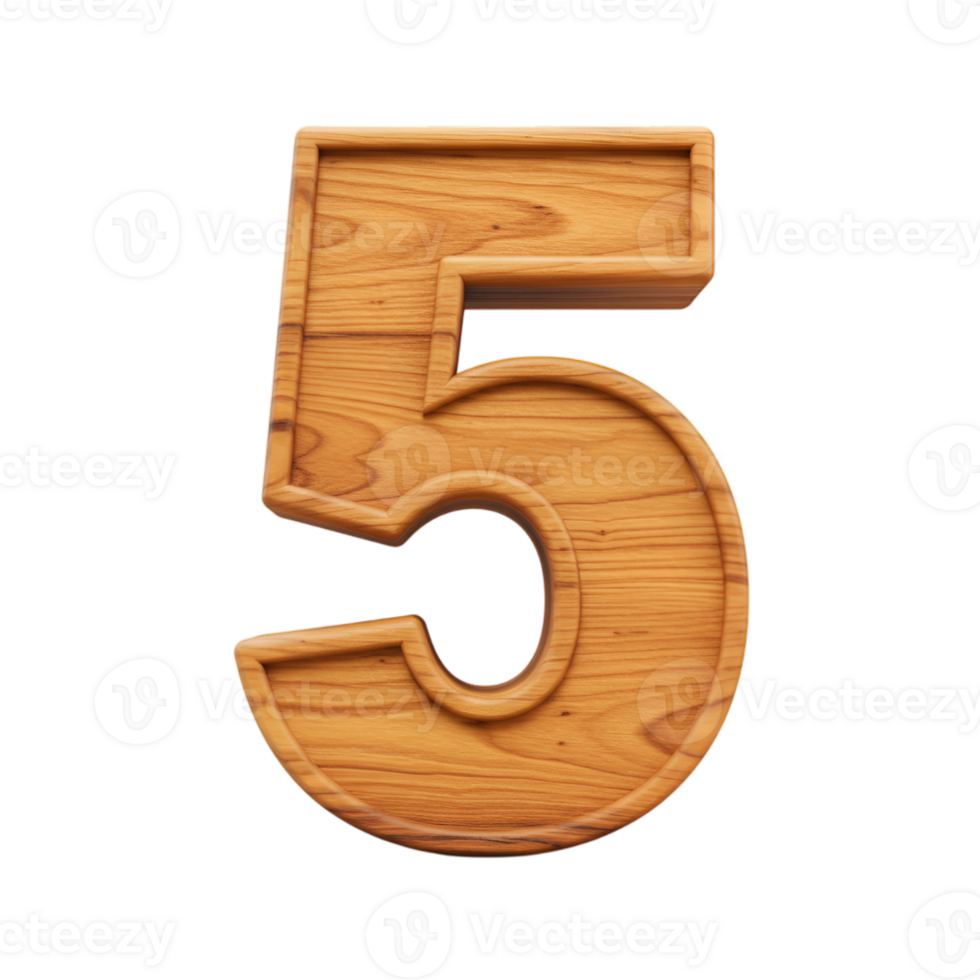 Elegant Wooden Number Five Design on a transparent Background png