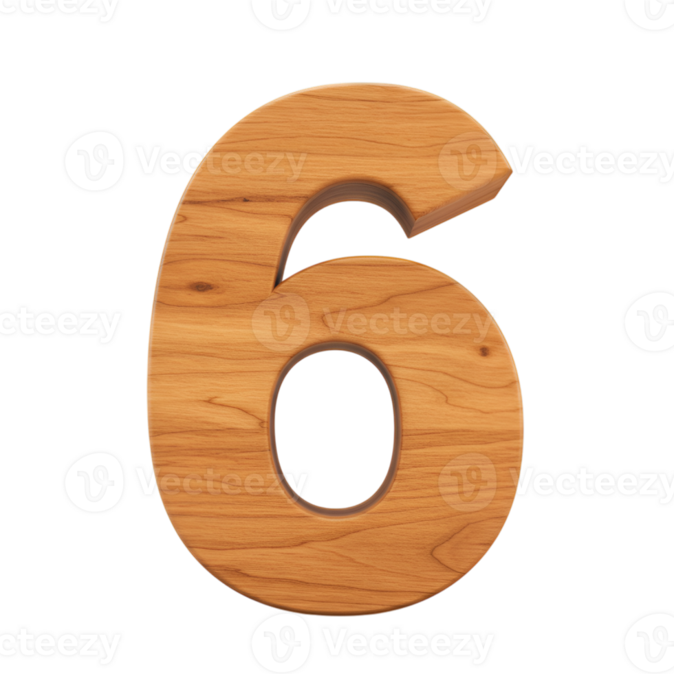 Elegant Wooden Number Six on a transparent Background, Modern Design, 3D Rendering png
