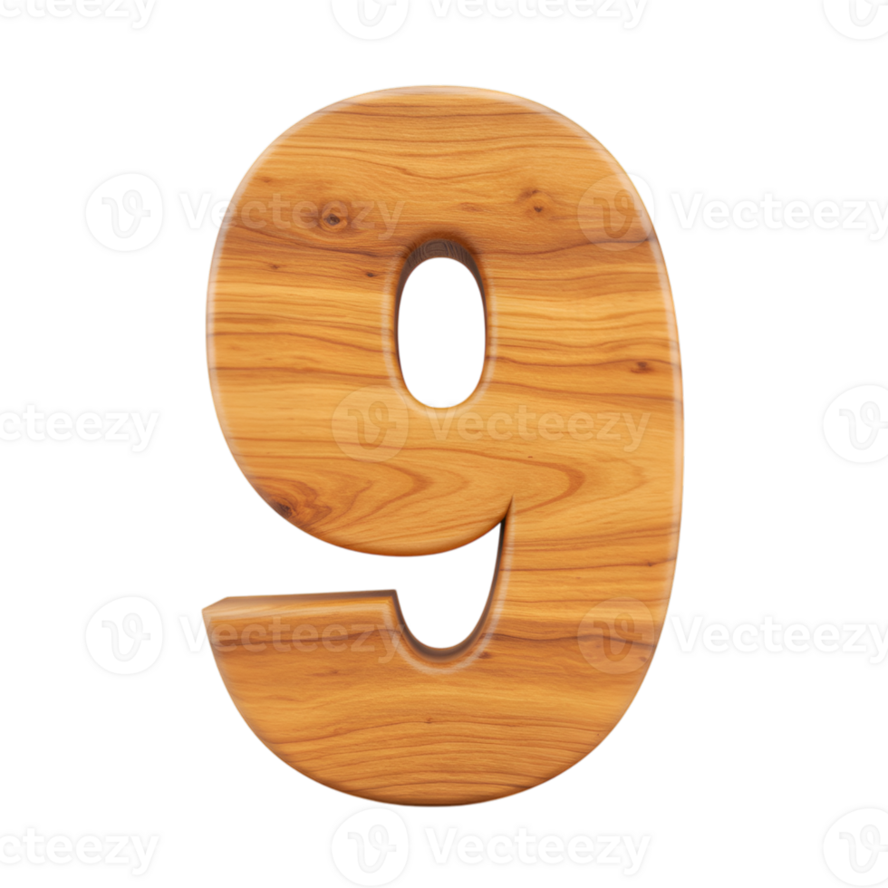 Wooden Textured Number Nine on transparent Background for Design Projects png