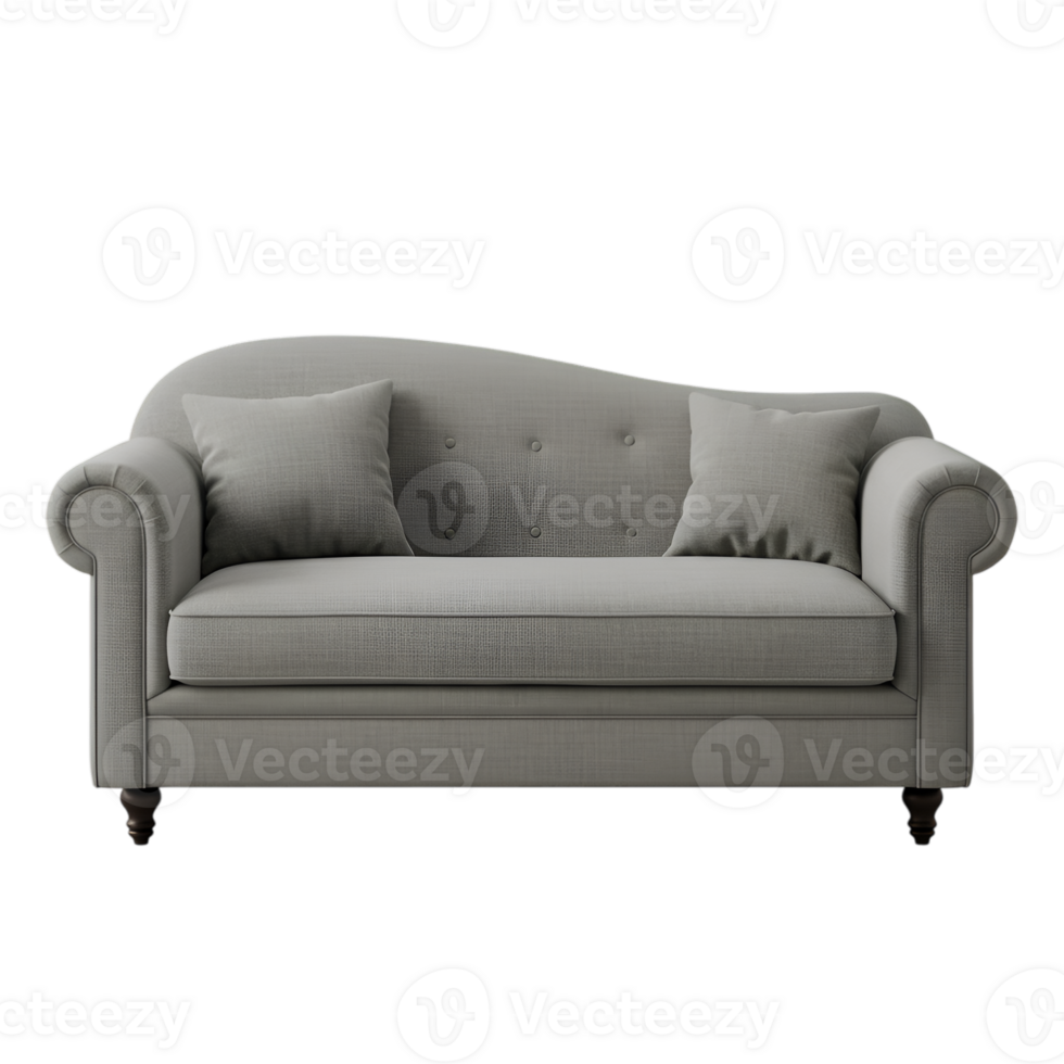 Elegant Grey Sofa with Throw Pillows in a Minimalist Setting on transparent png