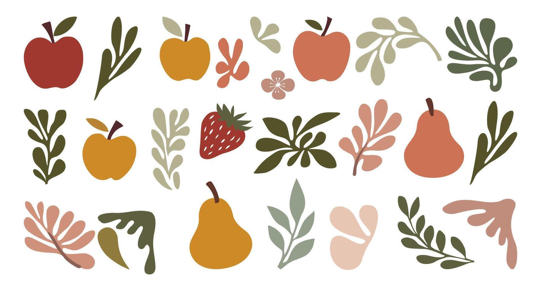 Hand drawn abstract fruits set with leaves vector