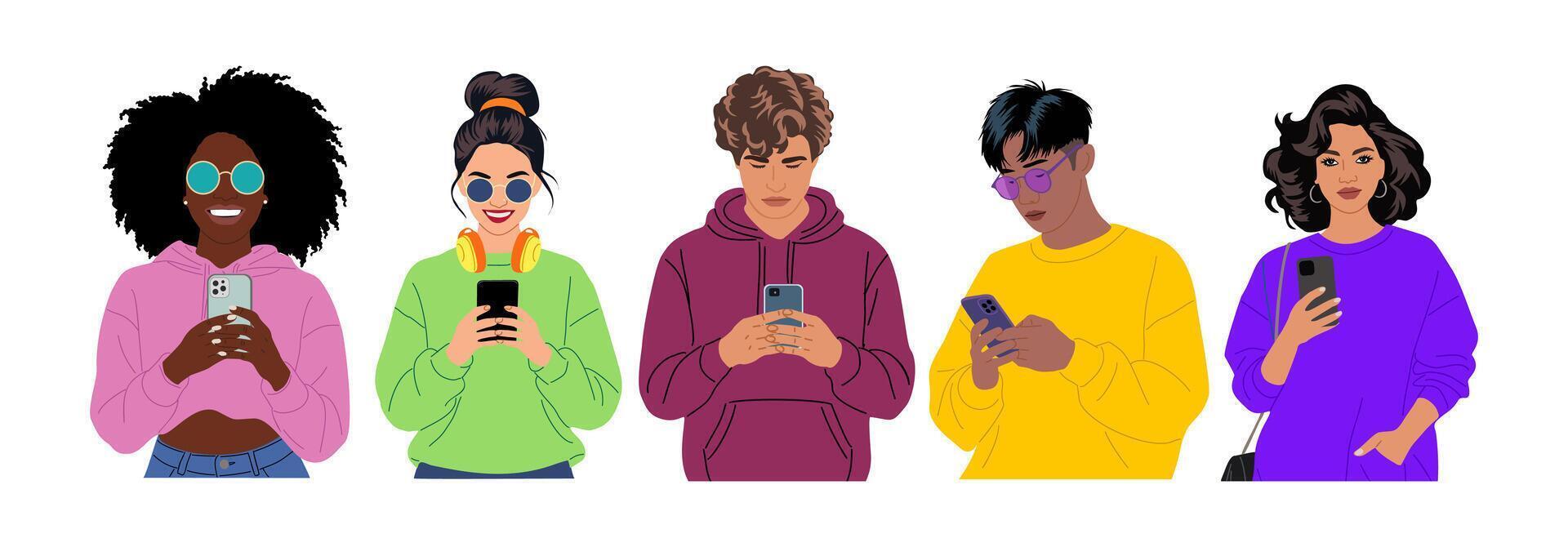 Set of different young People using mobile phones vector
