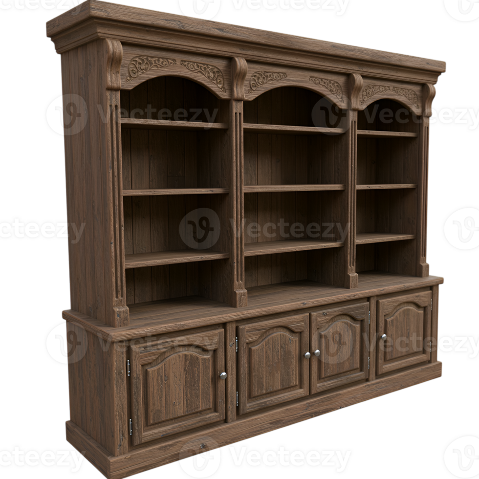 Elegant Wooden Bookcase with Intricate Carvings and Transparent Background png