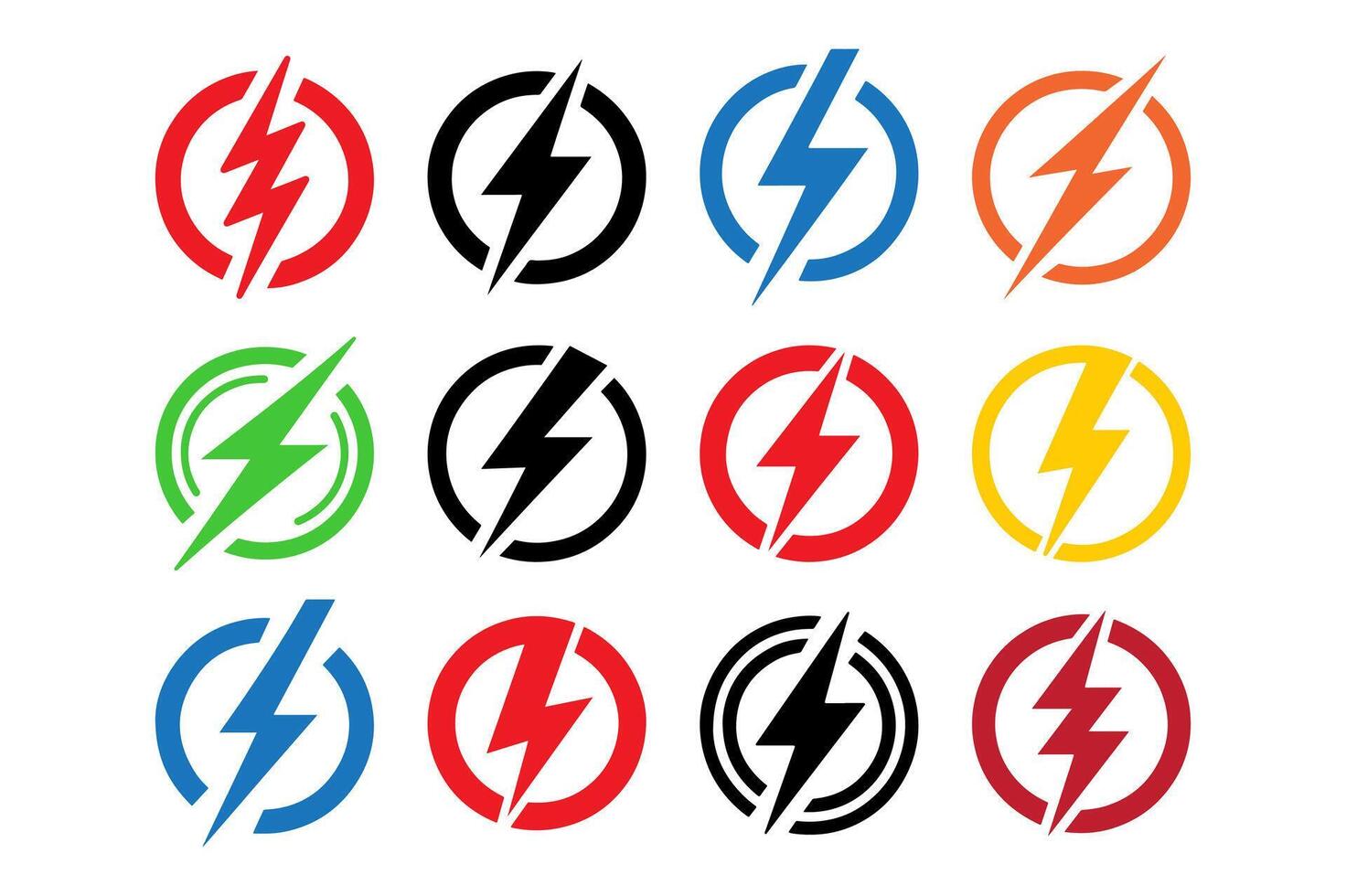 Black and colorful thunderbolt icons set. vector