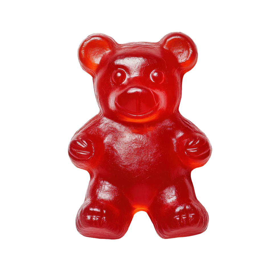 Vibrant red gummy bear shines against a clean Transparent background, showcasing its playful appeal and sweetness, Red gummy bear, background png