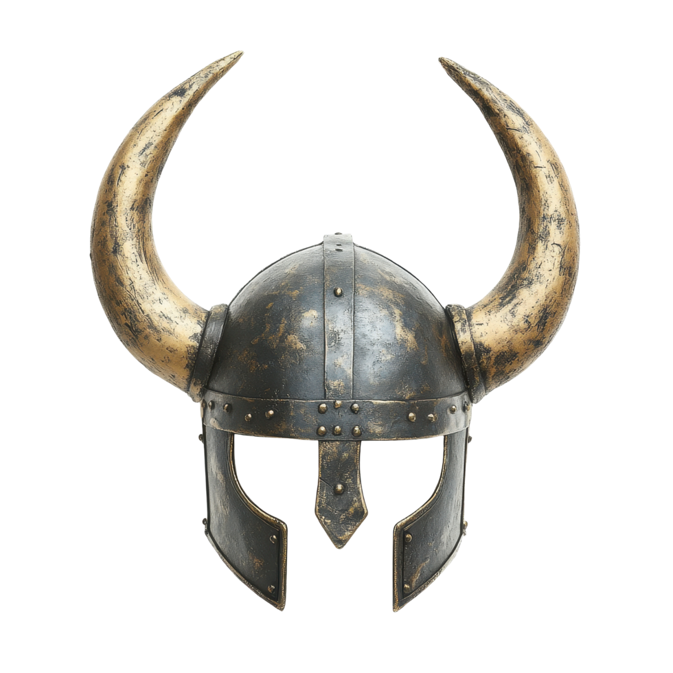 Viking helmet with horns displayed on a Transparent background showcasing medieval craftsmanship and design, Viking Helmet with Horns on background png