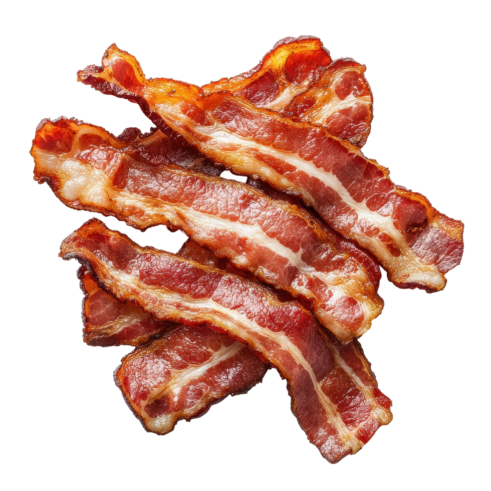 Crispy cooked bacon slices on a clean Transparent background for culinary use and presentation, Cooked bacon slices isolated on background png